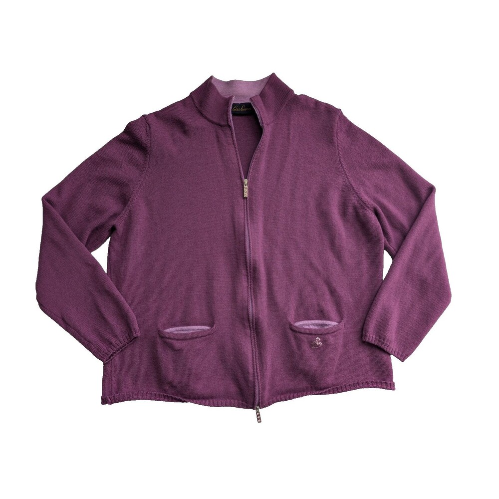 Luisa Spagnoli Purple Wool Zip Cardigan Sweater Women’s Large Rhinestone Logo